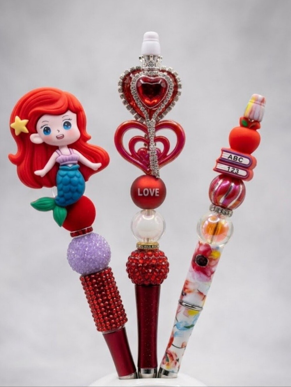 Set of 3 Handmade Pens: Mermaid, Valentine's Day and School Apple. Red